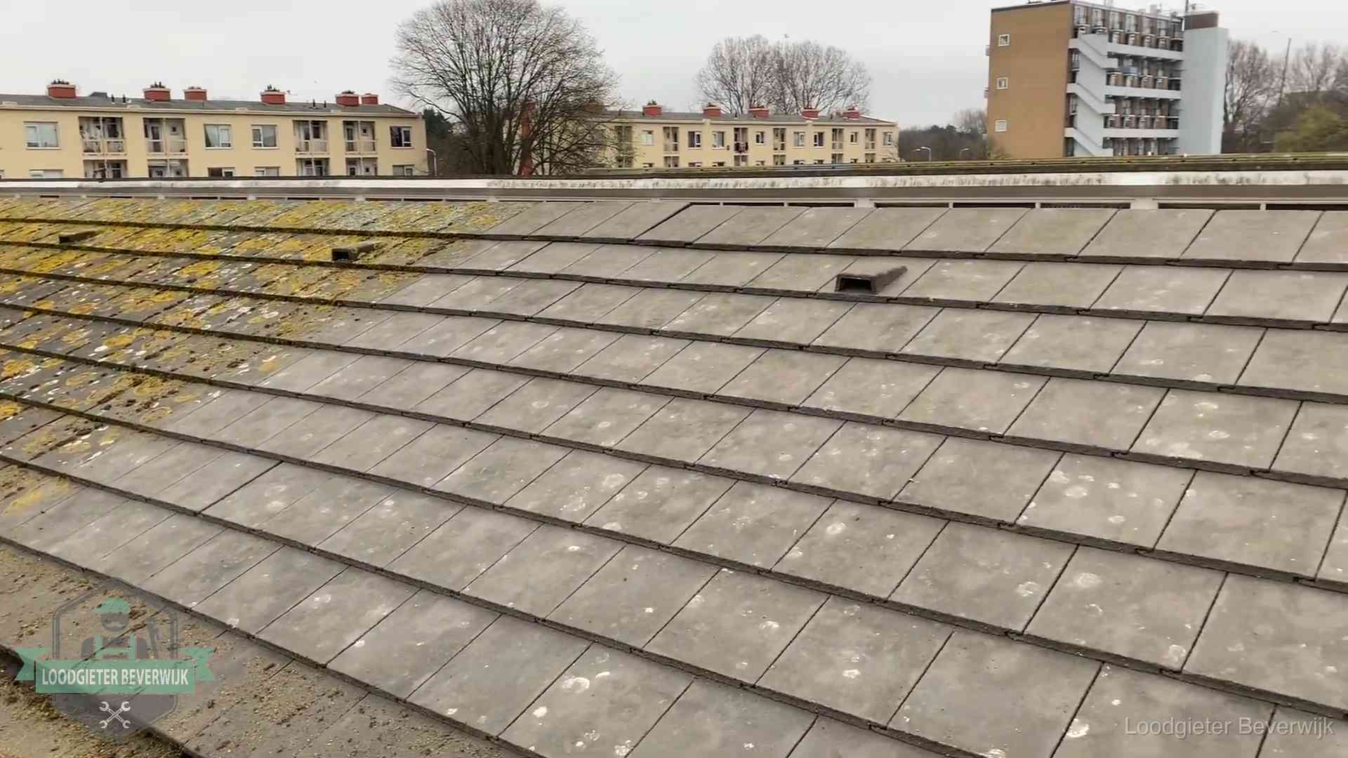 Dakpannen op een schuin dak in Beverwijk Schuin dak met betonpannen vol mos in Beverwijk, een risico op lekkage bij de pannen